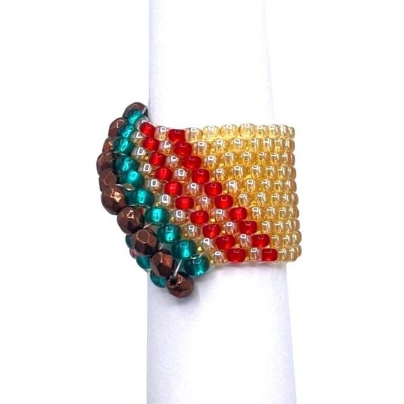 Cream with Turquoise and Bronze Crystal Cellini Spiral Statement Ring Size 7 - Picture 3 of 6